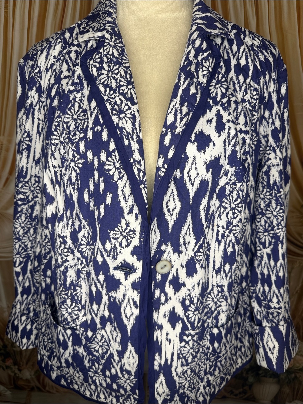 Coldwater Creek Blue and White Printed Notch Collar Blazer